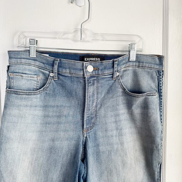 EXPRESS Perfect Curves Leggings High Rise Jeans Blue Side Seam Stripe Raw Hem 12 - Picture 4 of 13